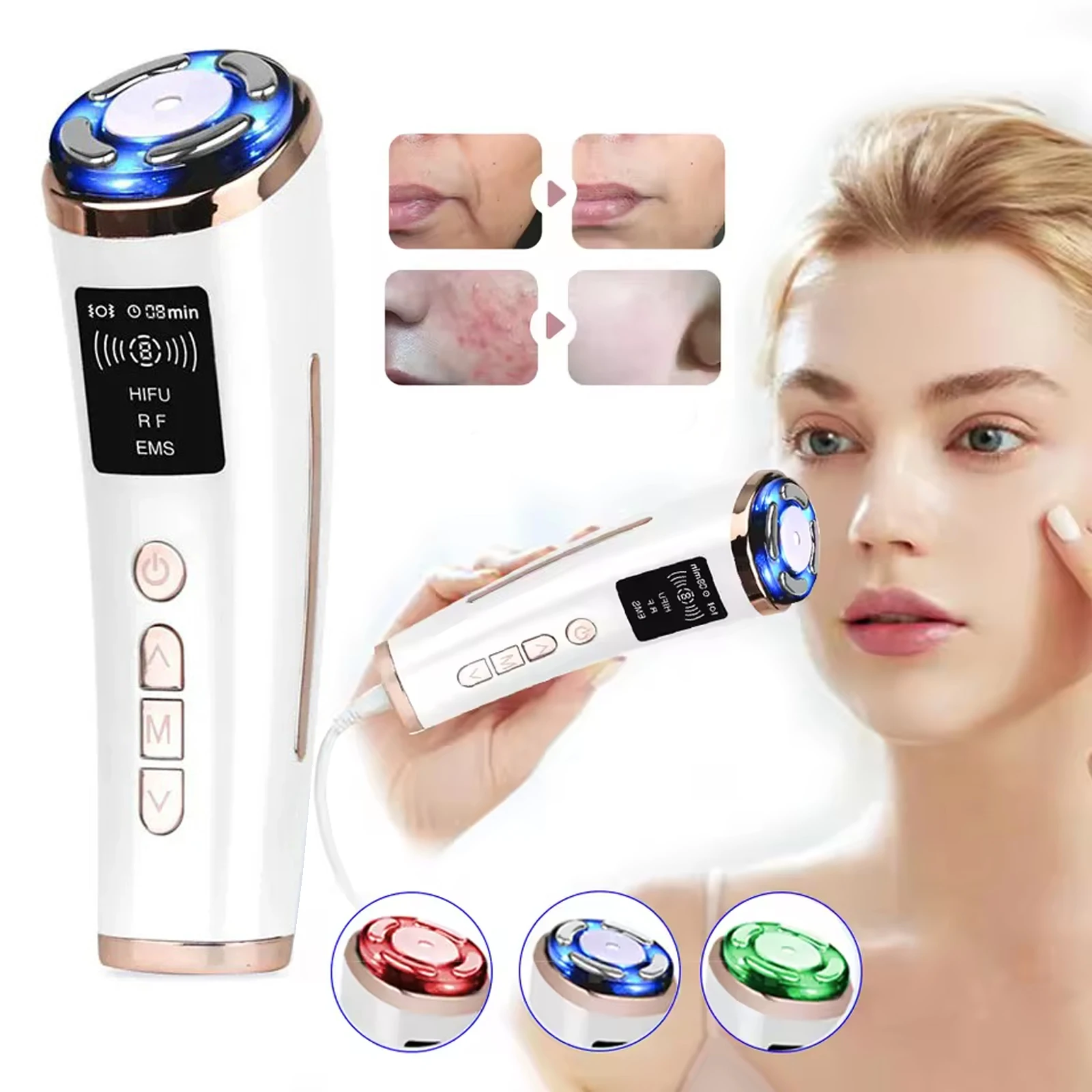 جديد الموجات فوق الصوتية عالية التردد الوجه الجلد رفع تجديد الأحمر/الأزرق نظرية الضوء EMS ثبات جهاز تدليك شد الوجه #1