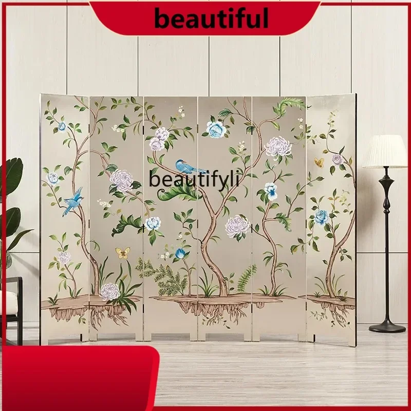 

zqqNew Chinese flower and bird screen household background decoration silver foil screen pure hand-painted folding movable