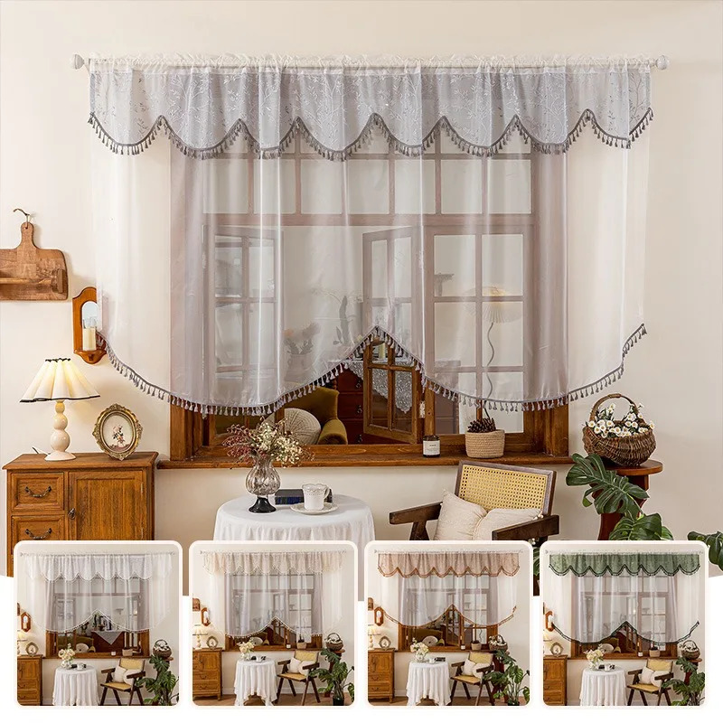 Arch Window Valance Lace Curtain Rod Pocket Double Layer Sheer Drape With Tassel For Kitchen Coffee Corner Bay Window Home Decor