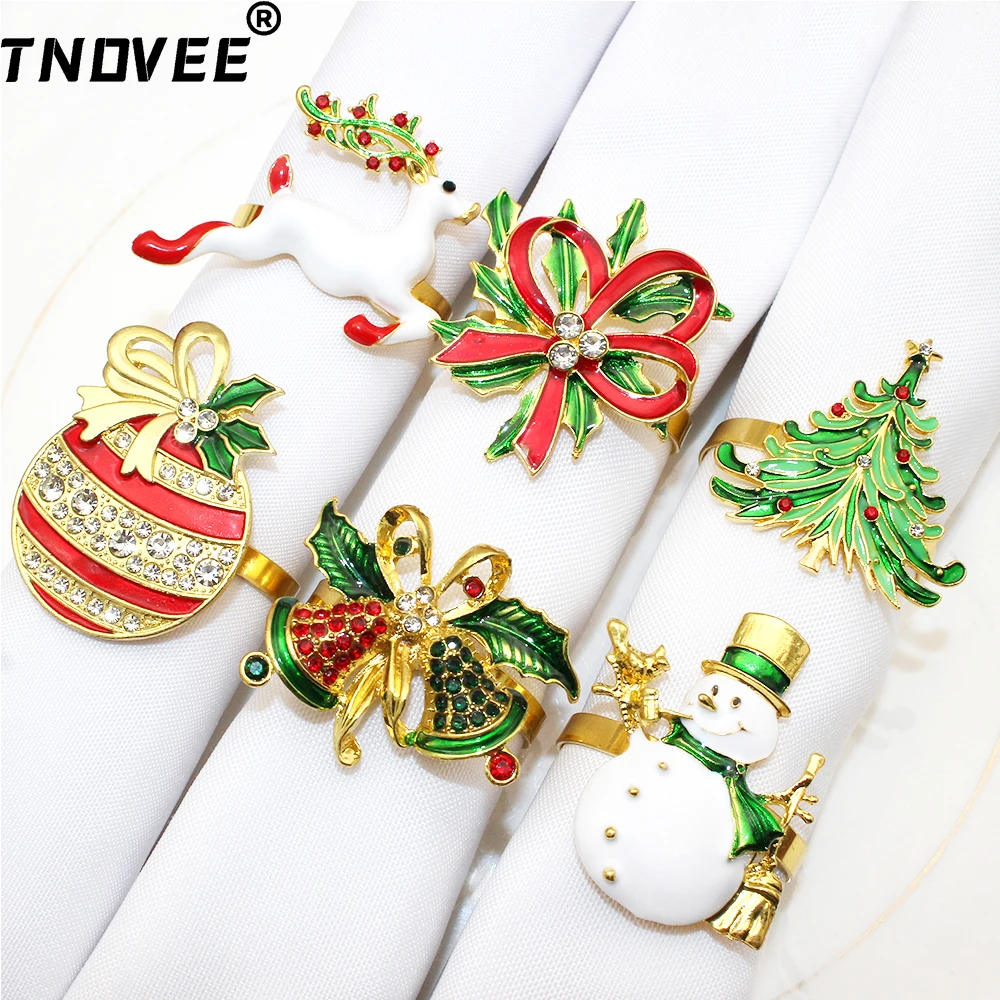 6Pcs Mixed Style Christmas Napkin Ring Gold Xmas Deer Tree Candy Cane Napkin Holder for Christmas Wedding Party Dinner Table Dec