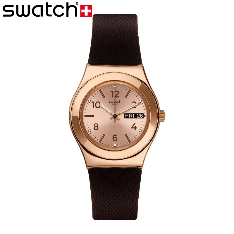 Swatch YLG701 BROWNEE 33mm Rose Gold Steel Case Brown Dial Day Date Strap Swiss Quartz Women's Watch 3Bar Water Resistant