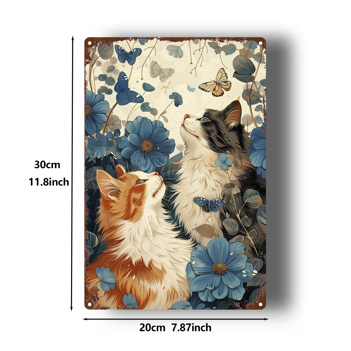 2D Flat, 1pc, Metal Sign, Cat And Butterfly Metal Tin Painting Decorative Wall Hanging, 8X12 Inches (20X30 Cm) Tin Sign, Indoor