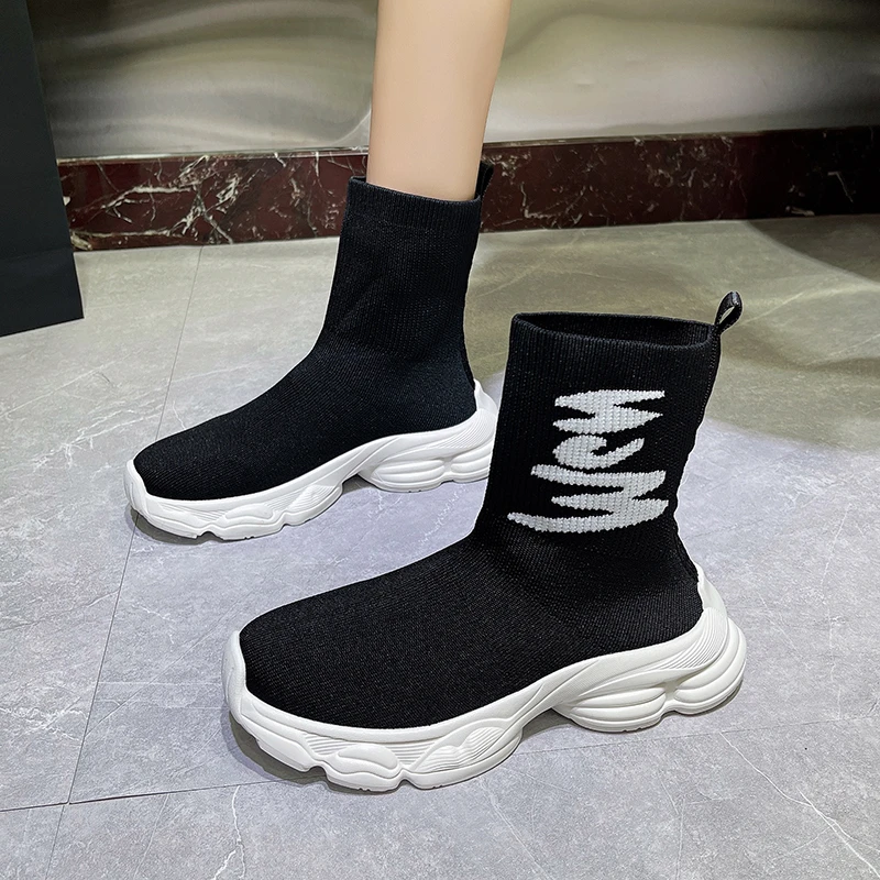 

Unisex Thick-soled Sneakers Women Knitted Fabric High-top Sock Shoes Soft Mesh Casual Sports Shoes Couple Walking Running Shoes