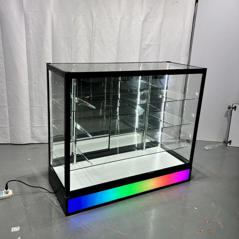 custom.6ft Custom LED Display Cabinet with Sliding Mirror Tempered Glass Retail Showcase Smoke Shops