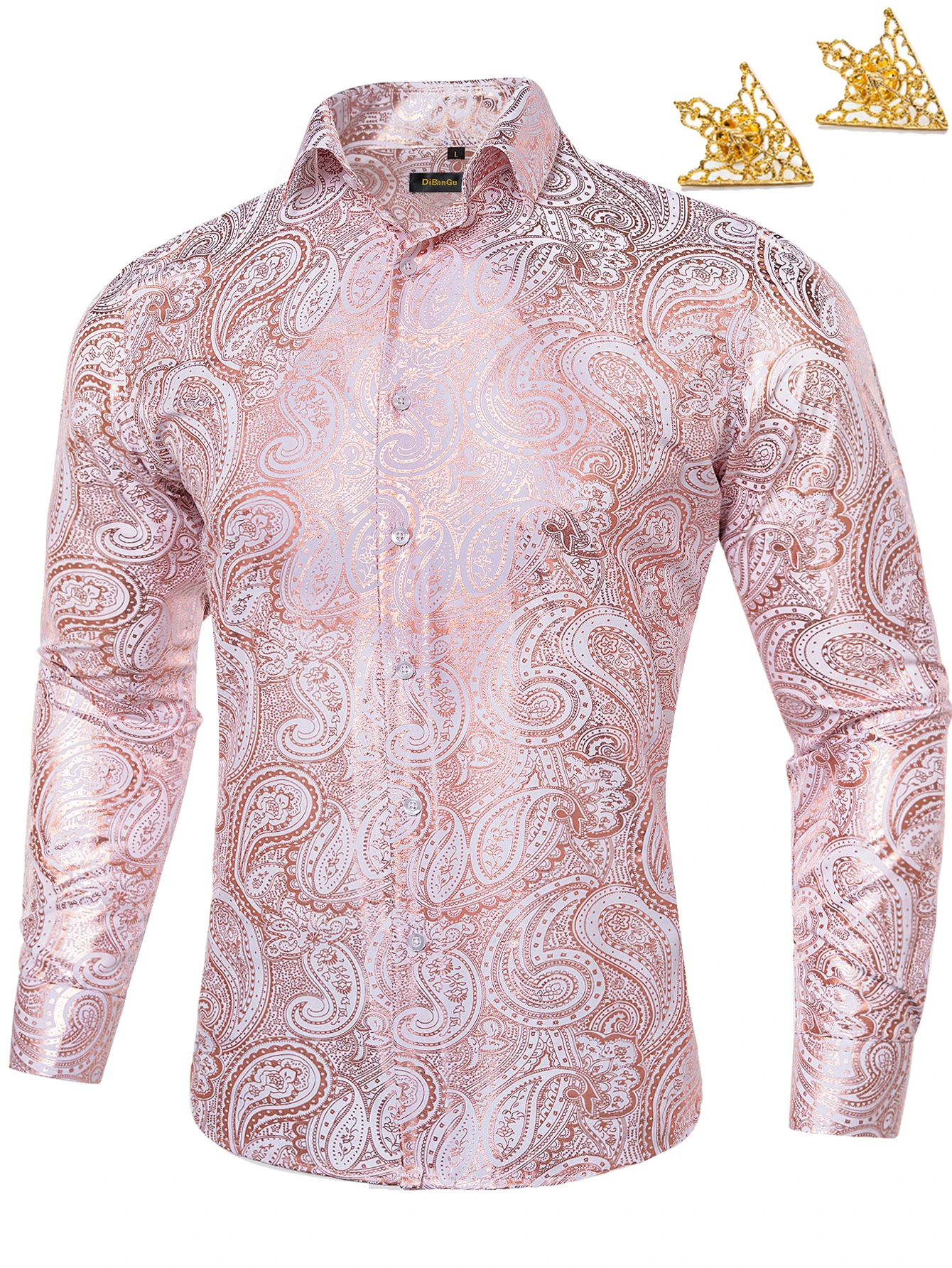 Shiny Pattern Shirt for Men, Gold Foil Paisley Long Sleeve Slim Button Down with Collar Pin, Multi Colors