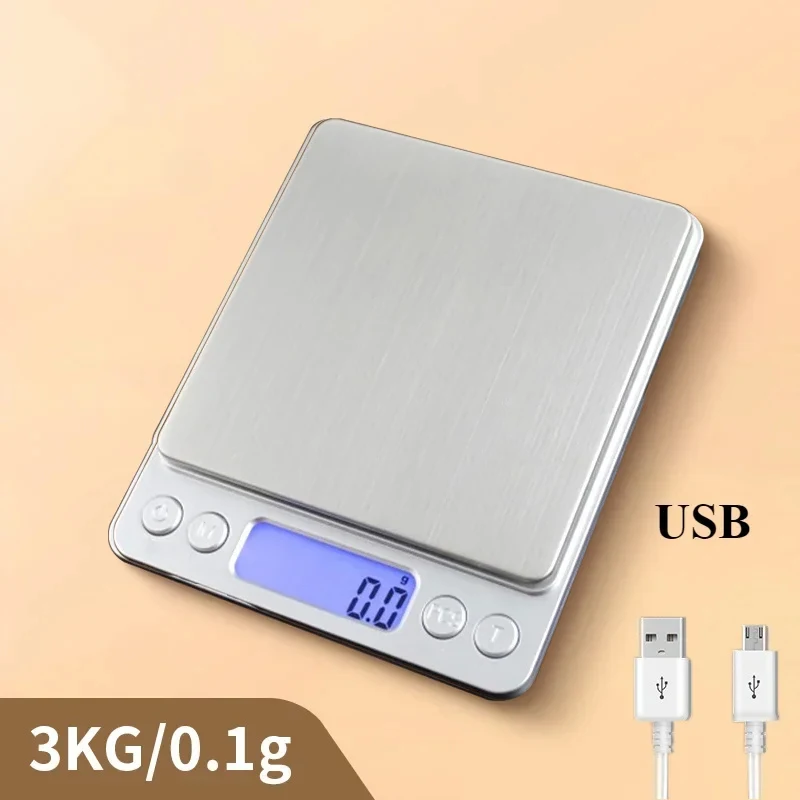 Digital Kitchen Scale 3000g/ 0.1g USB Rechargeable Mini Jewelry Pocket Scale for Home Use With 2 Trays Weight Scales Food Tools