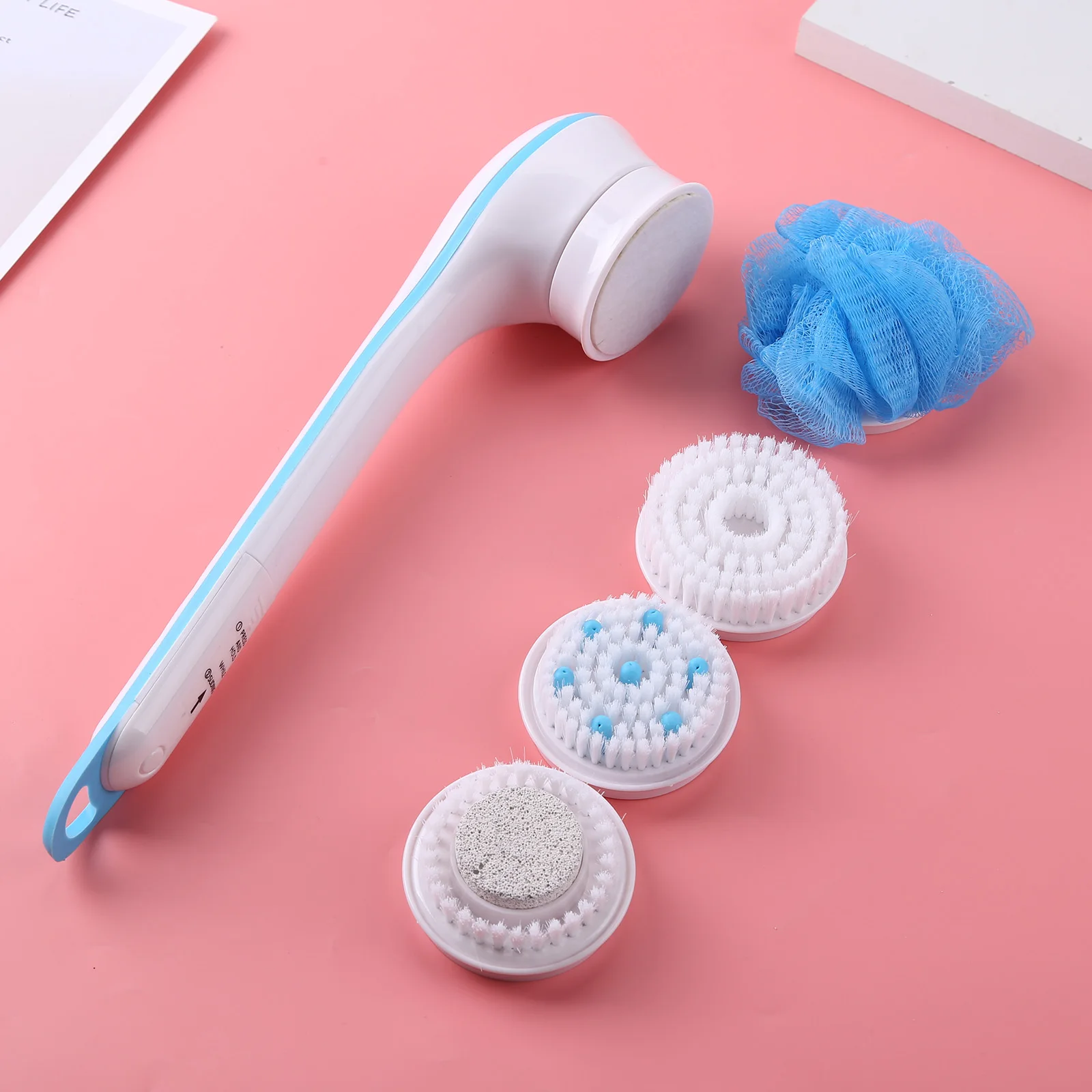 Massager Bath Brush Waterproof Rotating Scrubber Shower Brush Long Handle With 5 Brush Heads Skin Care Set for Body Face Feet