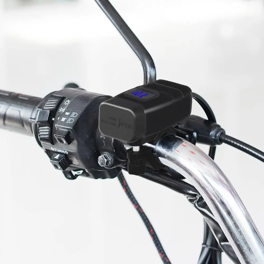 Motocicleta Carregamento Rápido Carregador Dual USB, Adaptador de energia com voltímetro, QC3.0