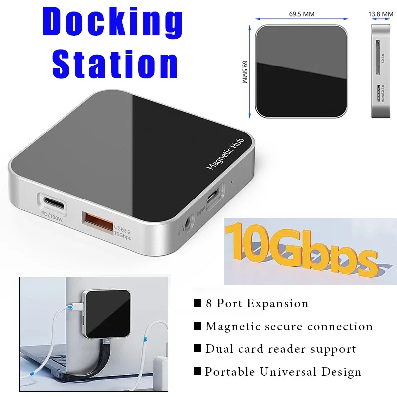 

8 In 1 USB Hub Magnetic Docking Station USB-A 3.2 10Gbps PD100W 4K 60HZ USB-C Hubs for Mac OS Windows Linux Android Dock Station