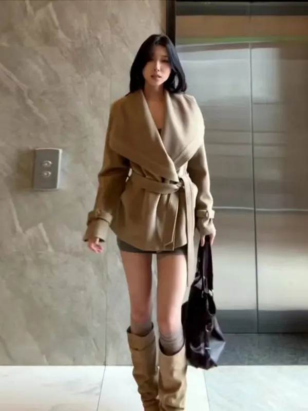 

Korean Sle Ele Large Collar Woolen Coat Women's Faion Waist-Cinching Outerwear Autumn Winter Season Long Sve