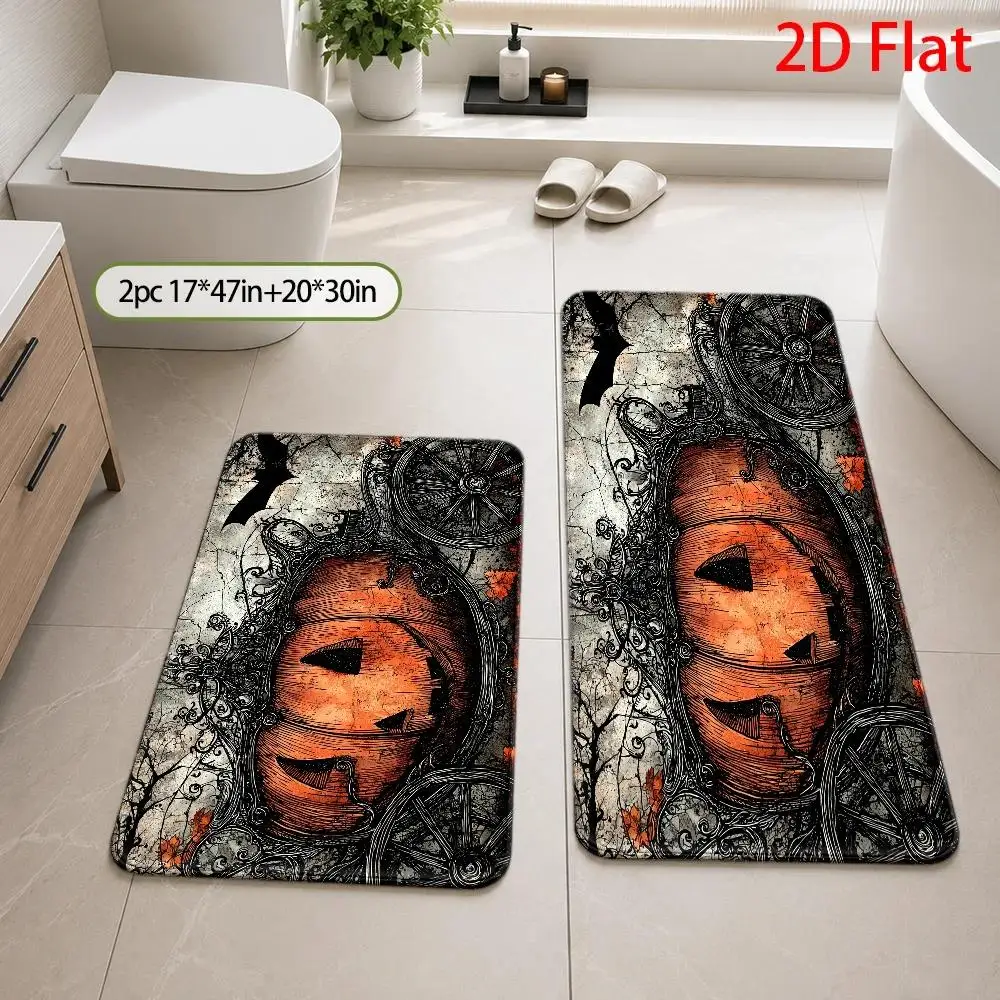 2D Flat Gothic Halloween Ornate Carriage & Pumpkin Area Rug, Dark‑romantic Soft Absorbent Floor Decor