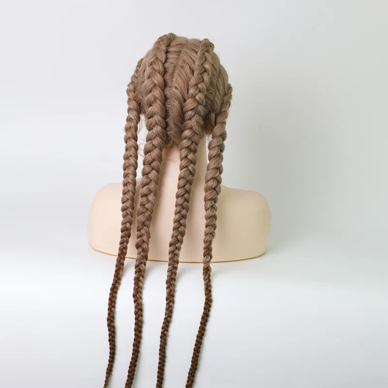 Perruque Synthétique Longue et Bouclée pour Femme, Tresse Frontale en Dentelle, Marron, Pre-Plucked, Fibre de Degré de Chaleur