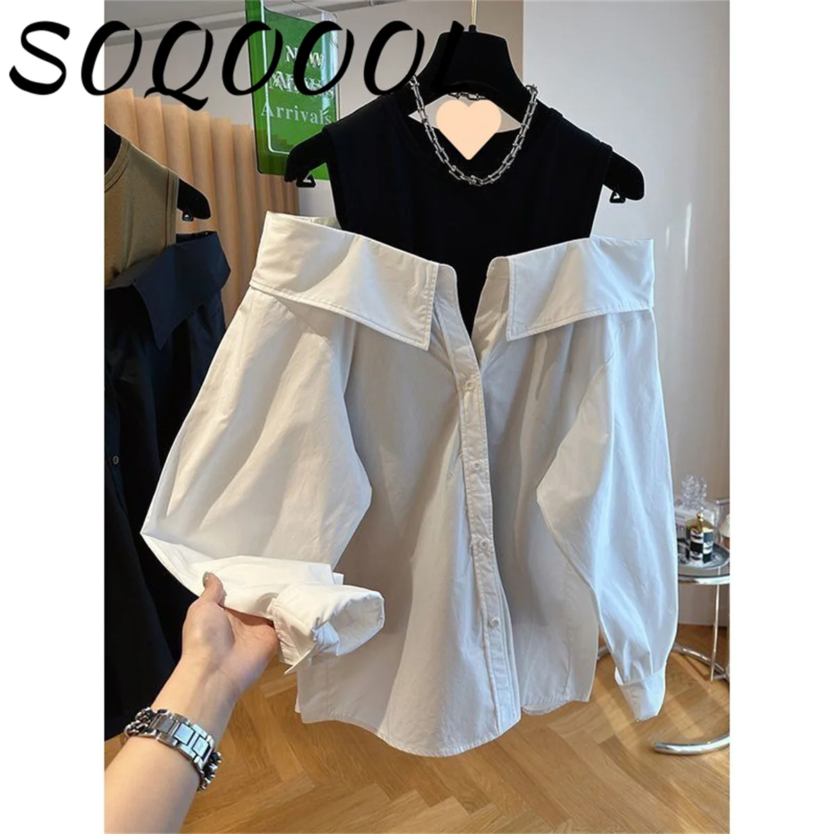 Women False Two-piece Polo Collar Blouse Loose Tank Top Spliced Long Sleeve Shirts Off the Shoulder Blouses Autumn Pullovers Top