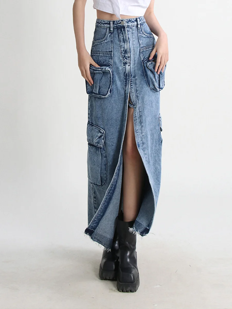 JHJN Washing American Vintage  Multiple Pockets Workwear Skirt Denim Skirt Hairy Fishtail Skirt Luxury Brand