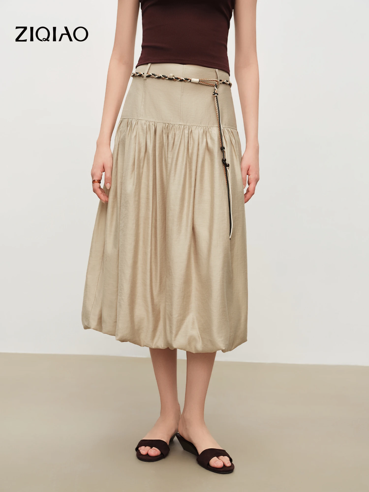 ZIQIAO 2026 Summer Women's High Waist Flowery Bloom Midi Skirt with Smocked Detail - Elegant Design for Daily and Summer Wear