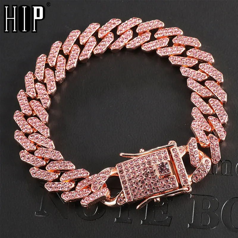 Hip Hop 1Set 12MM Full Iced Out Paved Rhinestones Miami Prong Cuban Bracelet CZ Bling Rapper Bracelets For Men Women Jewelry