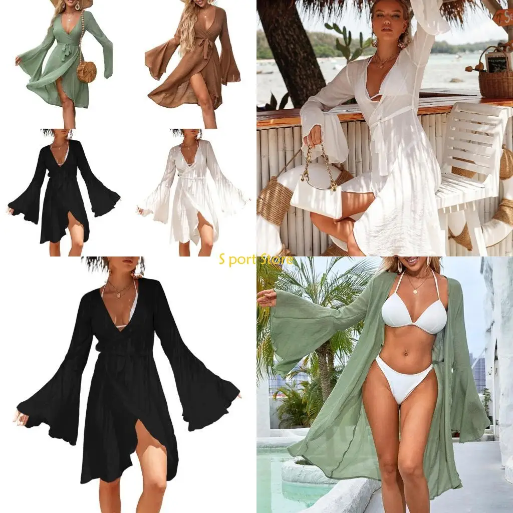U2JB レディース ベルスリーブ ビーチドレス 水着 着物 カーディガン レースアップ ビキニ カバーアップ