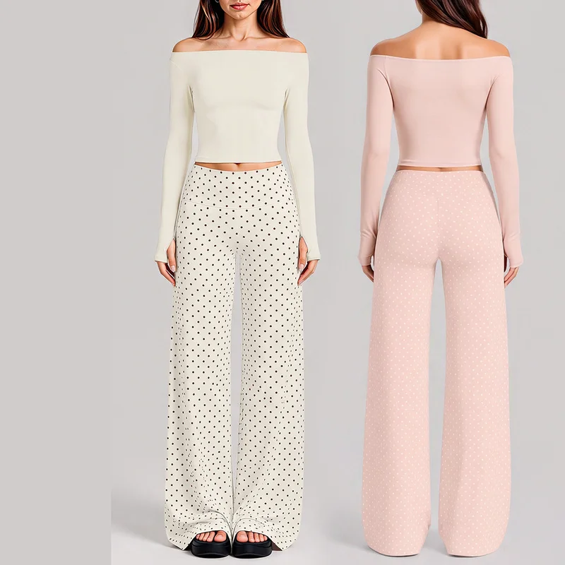 Women Off Shoulder Long Sleeve Yoga Set Slim Fitted Crop Top Polka Dot Print Wide Leg Pants Casual Training 2 Piece Outfit