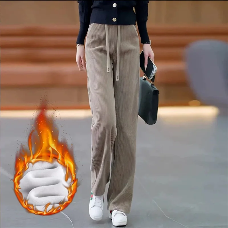 Fluwelen gewatteerde casual broek toe Dame herfst winter nieuwe 2025, hoge taille corduroy broek dames grote maat rechte broek vrouwelijk