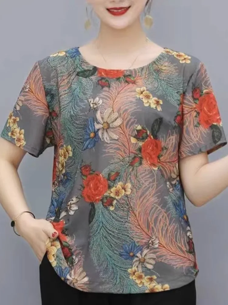 ゆったりとしたママ向け夏服、ラウンドネック半袖お腹カバートップス、中高年女性向けプラスサイズ花柄t耳カバー