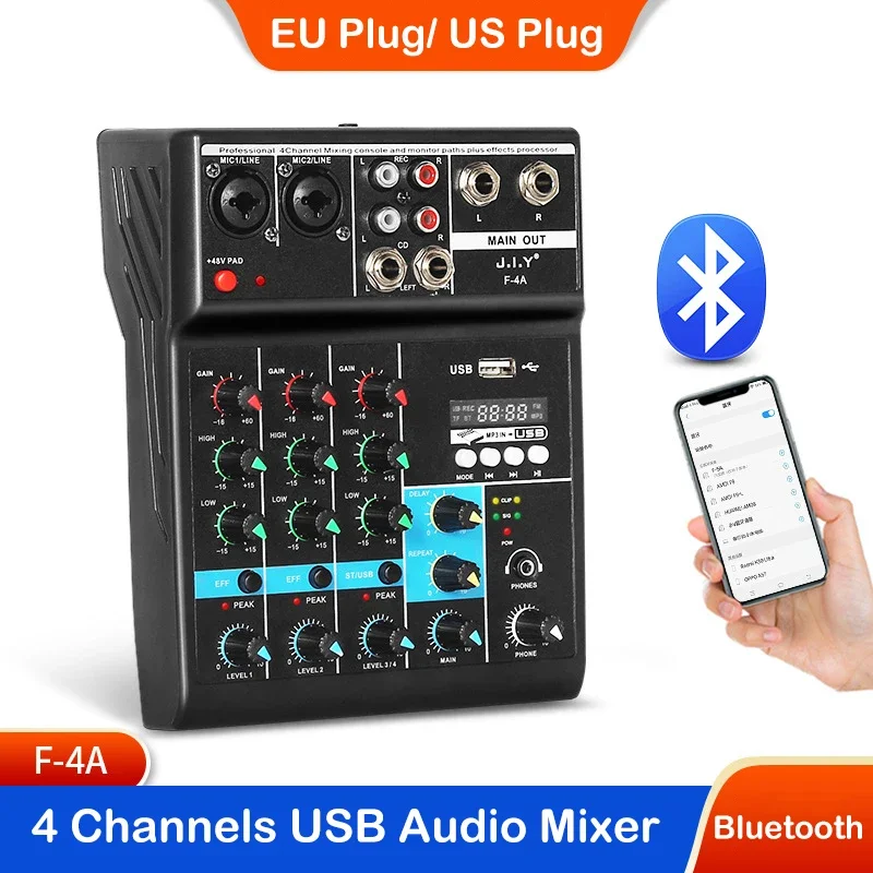 

A4 Sound Mixing Console Bluetooth USB Record Computer Playback 48V Phantom Power Delay Repaeat Effect 4 Channels USB Audio Mixer