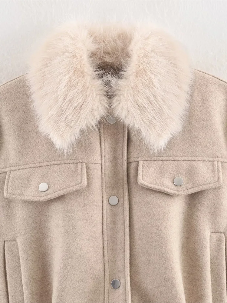 

HH Woman Leisure Single Breasted Removable Fur Lapels Coat Female Autumn Pocket Decoration Long Sleeves Button Solid Coat