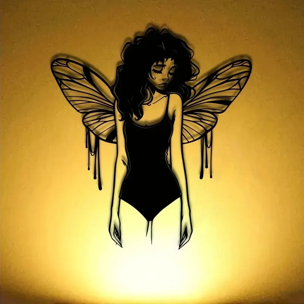 Vintage Gothic Fairy Metal Wall Art 15.75in Black White Winged Iron Sculpture Home Decor