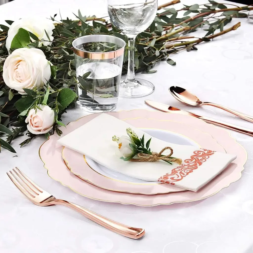 Pink  Plates - 10.25inch Baroque Pink &Gold Disposable Dinner Plates for Upscale Parties &Wedding-Special for