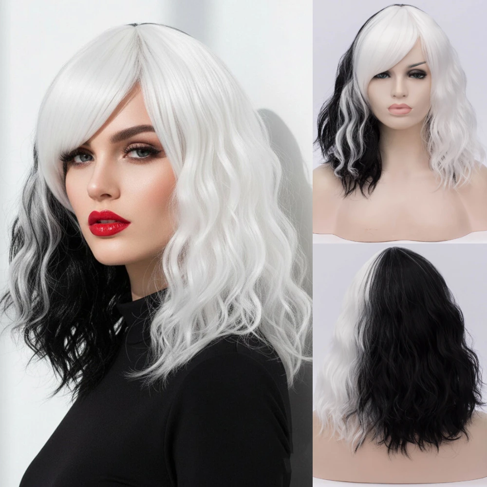 

Short Wavy Black And White Synthetic Wig With Side Bang Heat Resistant for Women Halloween Daily Party