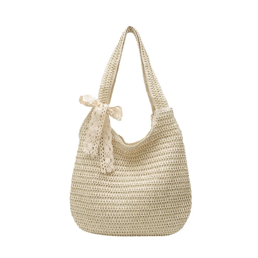 Sweet with Ribbon Woven Tote Bag Breathable Hollow Out Shopping Straw Bag Beige Lightweight Summer Beach Handbag Storage