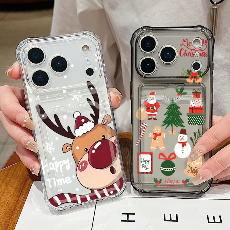 Weihnachtsbaum Elch Kartensteckplatz Handyhülle für iPhone Air 16e 17 16 15 14 Pro Max 13 12 Pro 11 stoßfeste klare weiche Silikonhülle
