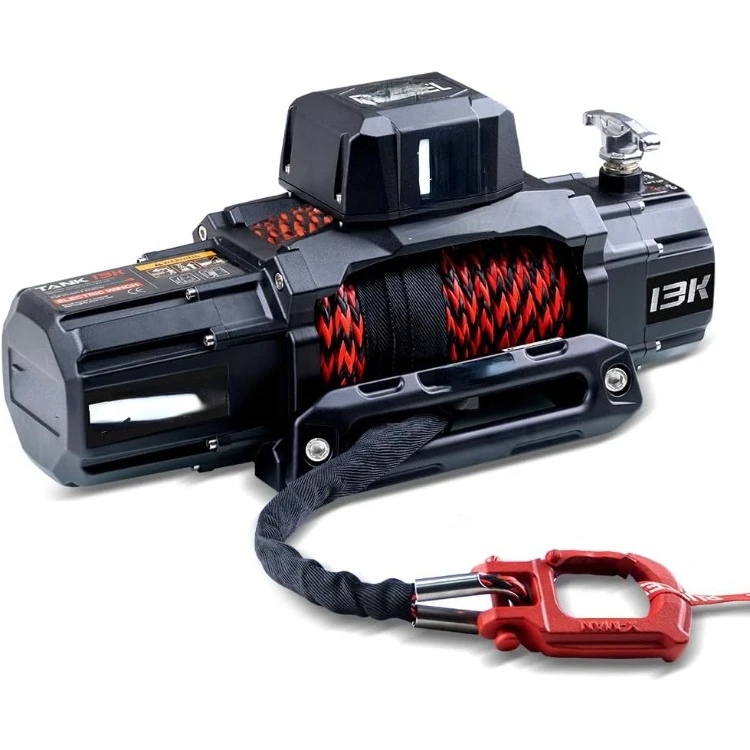 13500lb New Waterproof Electric Synthetic Rope Winch 12V with Hawse Fairlead,2 in 1 infrared remote control, wired control