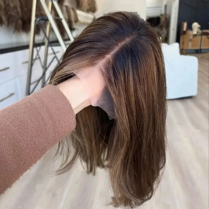 

Синтетический парик омбре коричнево-блонд с HD-кружевом, мягкий, короткий, прямой, в стиле боб, реалистичный вид, естественная линия волос, без клея, 12 дюймов