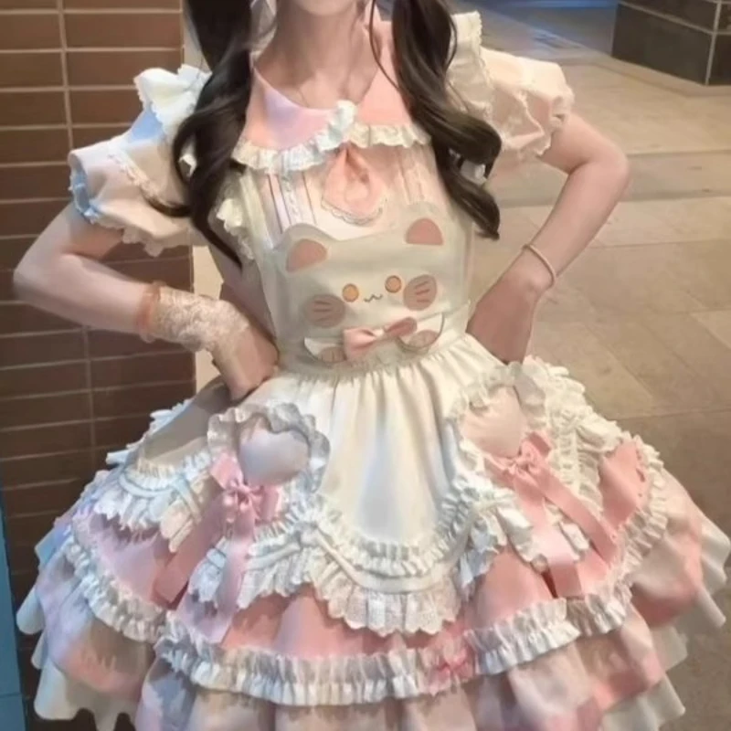 Original Heavy Industry Design Sweet Lolita ชุดสตรีใหม่สีชมพูโบว์แขนสั้นชุดสายคล้องสัตว์พิมพ์ผ้ากันเปื้อนชุดสุภาพสตรี
