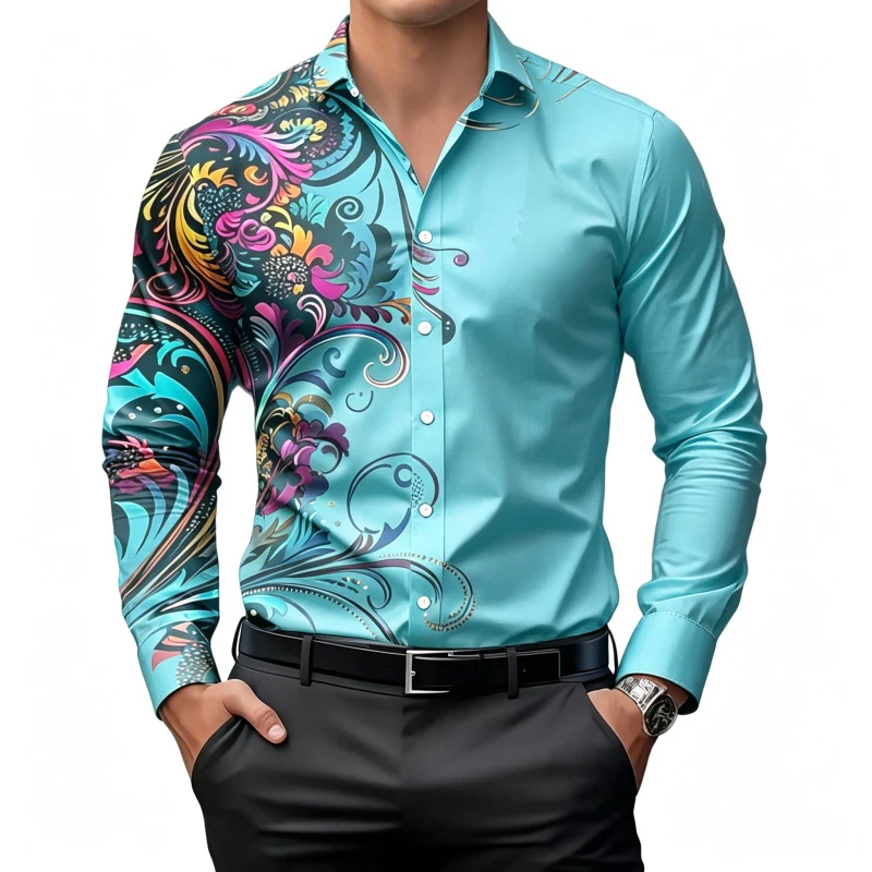 Men's Long Sleeve Shirt Colorful Baroque Floral Scroll Splicing Print Turn‑down Collar Casual Party Vacation Daily Mens Clothing