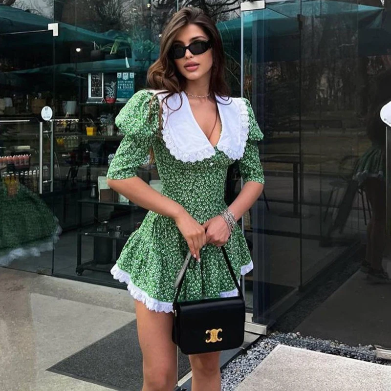 Tornova 2025 New Short Sleeve Floral Dress Female Lace Splice Doll Collar Fashion Mini Dress High Waist Lace Up Lady Party Dress