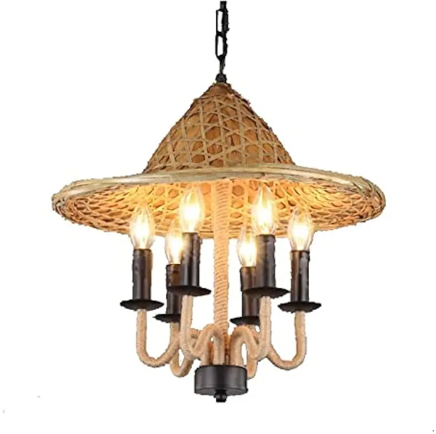 Industrial Style Chandelier Ceiling Light, Farmhouse Bamboo Hat Bar Hanging Light, Taiwan Tea House Hot Pot Restaurant