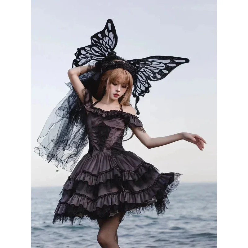 

DY20Черно-белые крылья бабочки ручной работы, которые можно носить в стиле Лолиты, сетчатое украшение на спине, вечерние реквизит для фотосессии, женский реквизит-бабочка для девочек