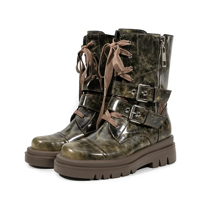 YMECHIC 2026 Winter Personalized Cow Leather Boots Motorcycle Botas Heavy Metal Versatile Rock Dark Cyberpunk Ankle Women Shoes