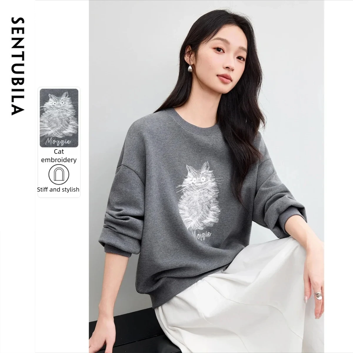 

SENTUBILA Women's Sweatshirts Fall Loose Round Neck Clothing Long Sleeve Top Pullovers Casual Embroidery Cat Design 153AF3658