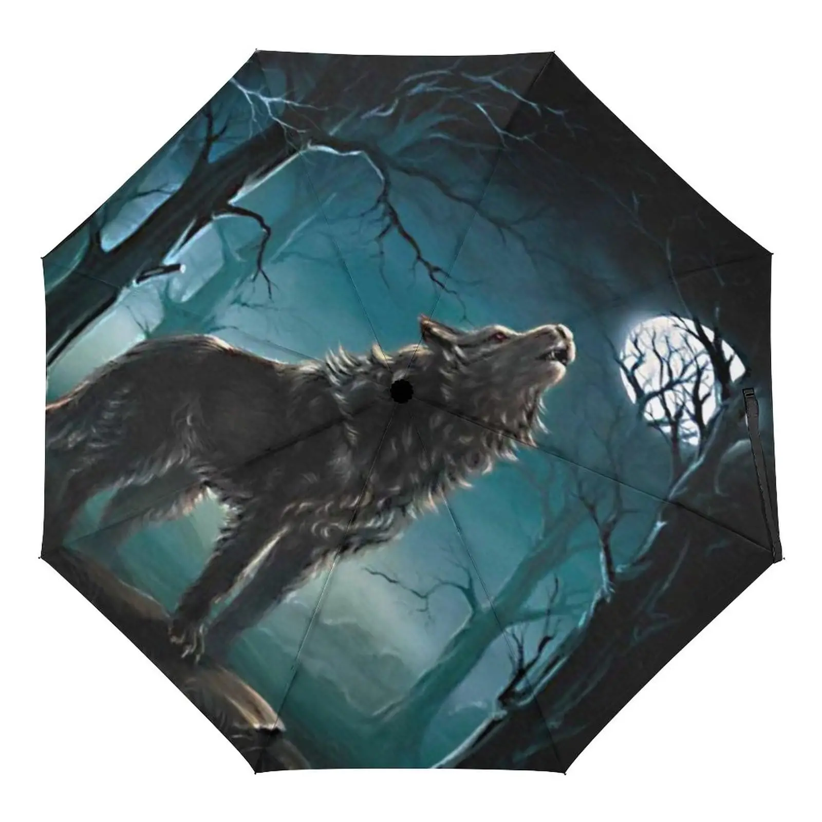 Wolf Dreamcatcher Travel Umbrella for Rain Sun Gothic Animal Compact Folding Umbrella Portable Windproof Umbrellas for Teens