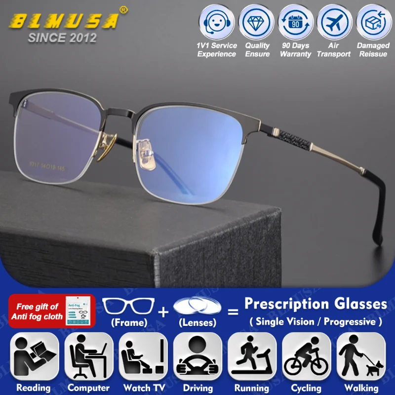 

BLMUSA (L) New Design Half-Frame Blue Light Filter Progressive Glasses High Quality Men Myopia Photochromic Prescription Eyeware