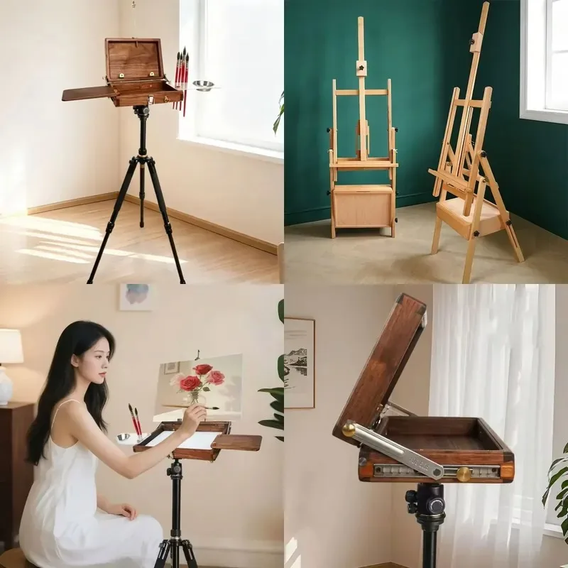 Adjustable Wooden Floor Easel Tripod Art Stand with Storage Drawers Canvas Holder for Studio Painting Display