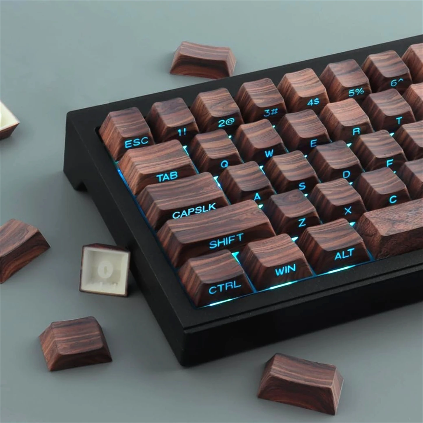 Creative Wood Grain Keycap PBT 126 Key Cherry Side Engraved Translucent Keyboard Keychain Compatible with Mechanical Keyboard