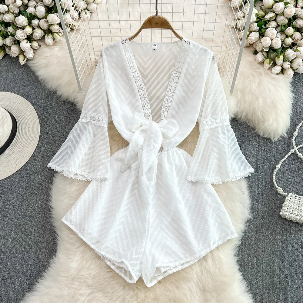 

2023 Summer Fashion Flare Sleeves V-Neck Beach Resort Dress Perspective Waist Slim Wide Leg Shorts One Piece Trouser Dress