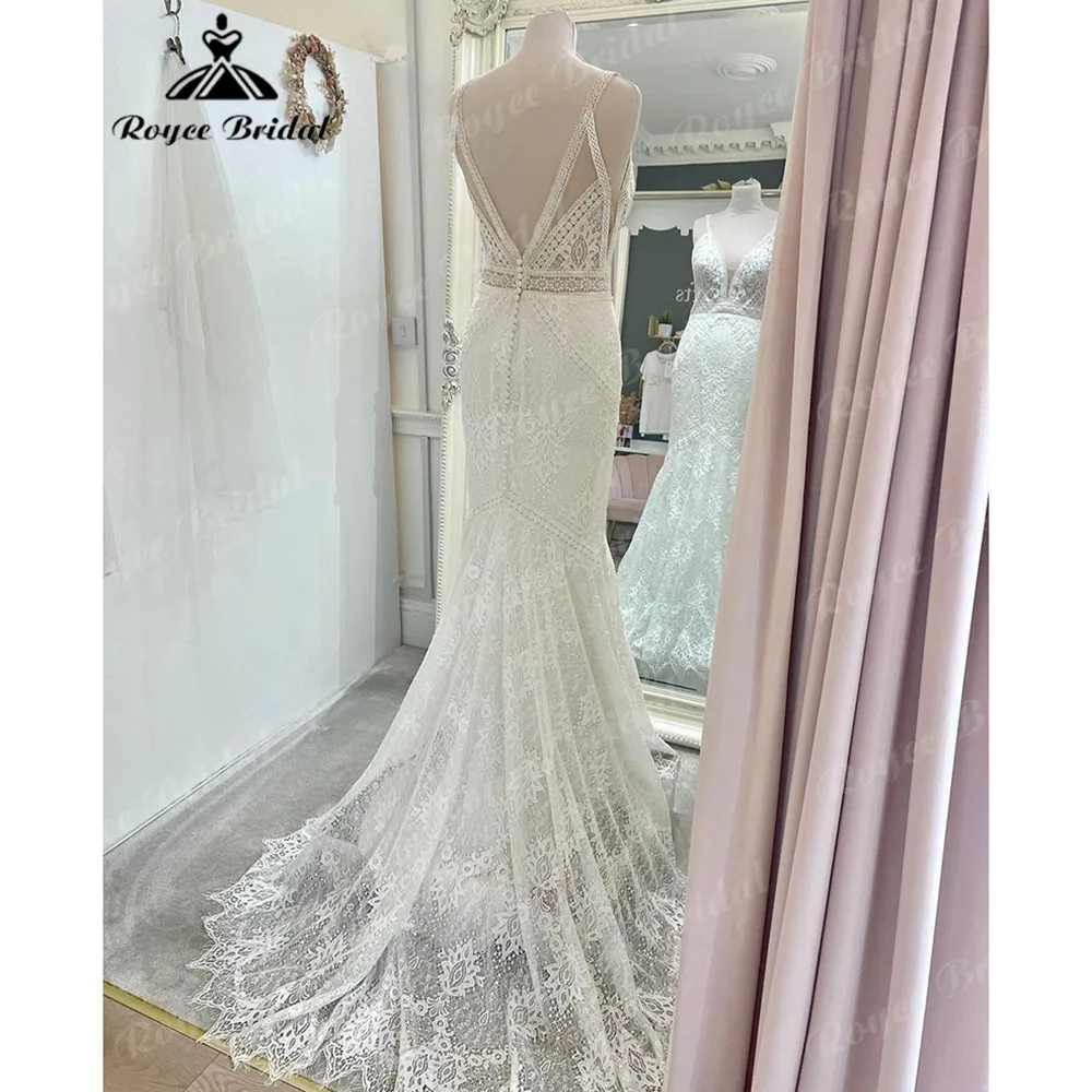 Sexy Boheme Plunging Lace Boho Mermaid Wedding Gown V Neck 2024 Sleeveless Spaghetti Straps Bridal vestido de boda corte sirena