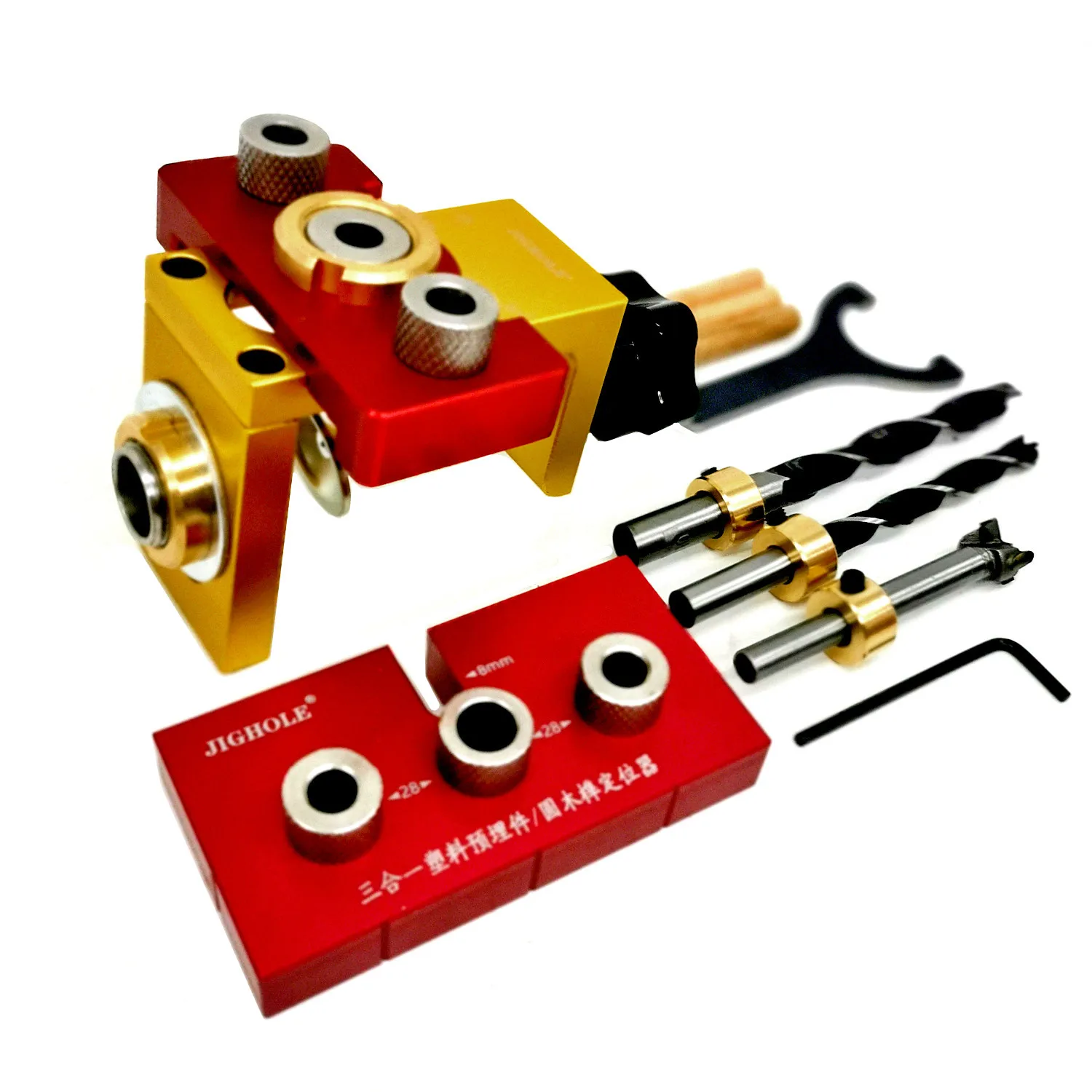 3 In 1 Dowelling Jig Master Kit Woodworking Adjustable Aluminum Drilling Guide Locator with 8/10/15mm Drill for Board Splicing
