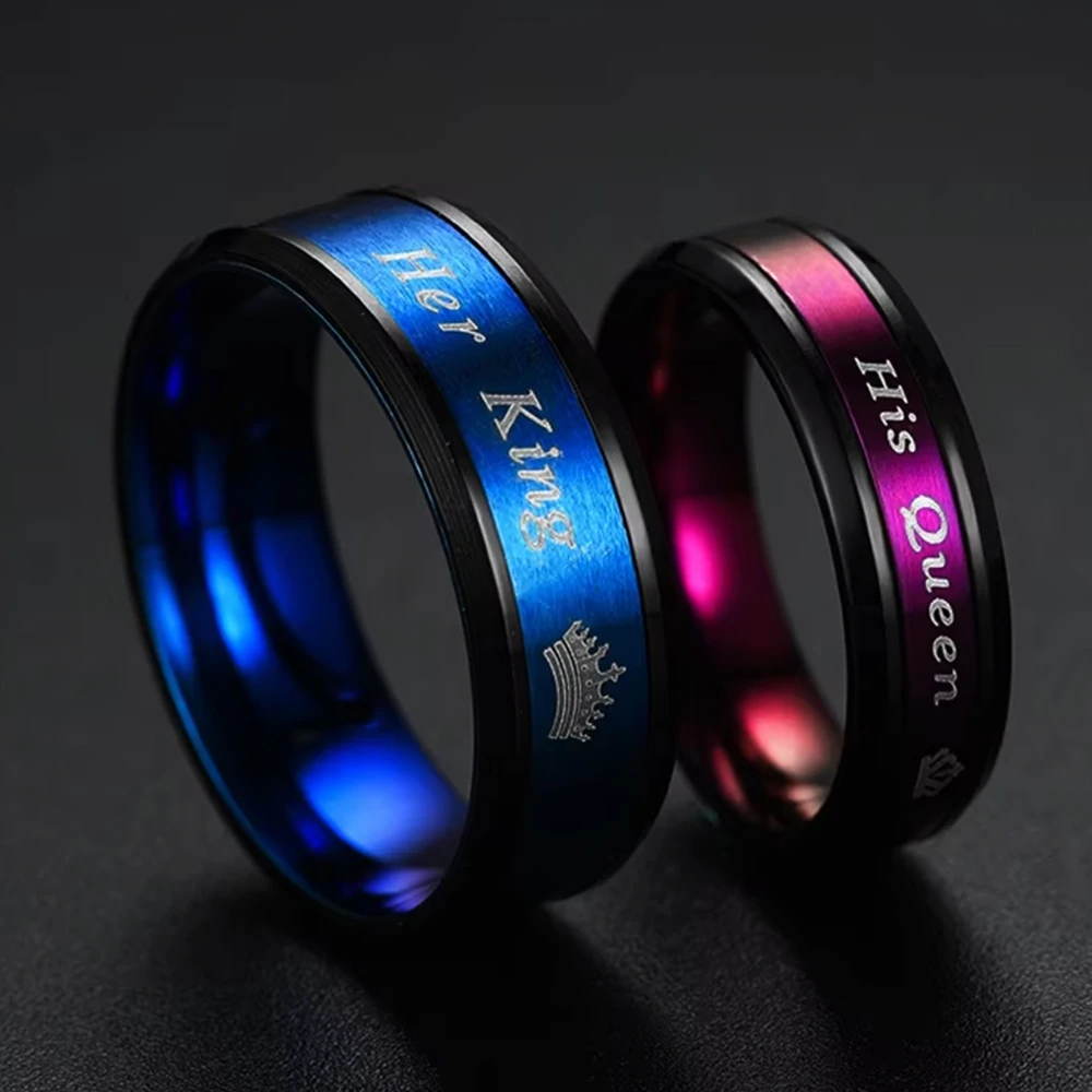 

Fashion His Queen Her King Couple Ring Crown Stainless Steel Wedding Ring for Women Men Jewelry Blue/Purple Color Ring