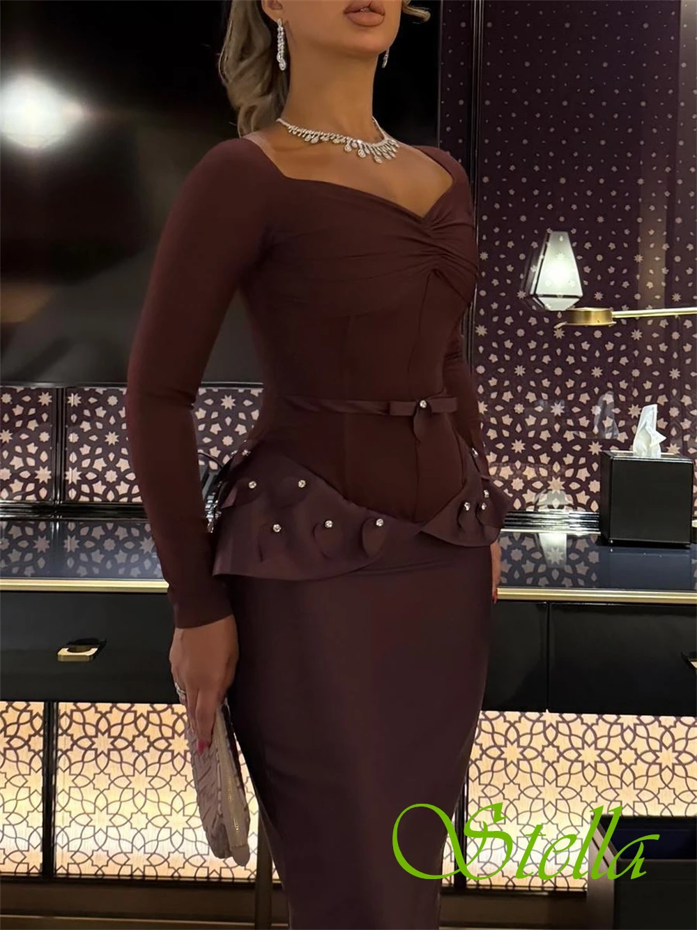 Customized Luxury Square Collar Evening Dress Sparkly Satin Mermaid Prom Dresses Classic Long Sleeves Special Occasion Gowns