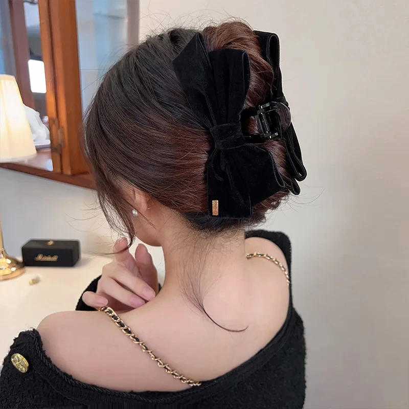 Pinzas para el pelo de terciopelo negro de doble cara para mujer, Clips de tiburón con textura avanzada, horquilla para la Cabeza trasera, pasadores de moda, accesorios para el cabello